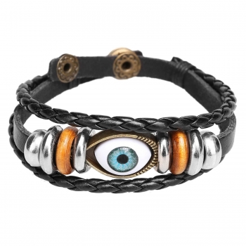 

Braided Cowhide Bracelet with Turkey Blue Eyes