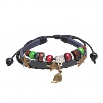

Retro Braided Wood Beads PU Bracelets with Star and Leaf