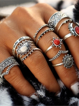 

14 PCS Vintage Style Silver Polished Stone Stackable Finger Rings Set