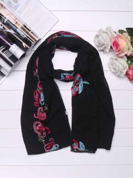 

Black Women Soft Ethnic Style Floral Embroidery Cotton Linen Shawl Wrap Scarves, Multicolor