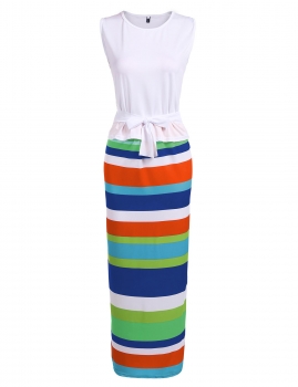 

Green Sleeveless Belted Tank Top and Striped Maxi Skirt Set, Multicolor