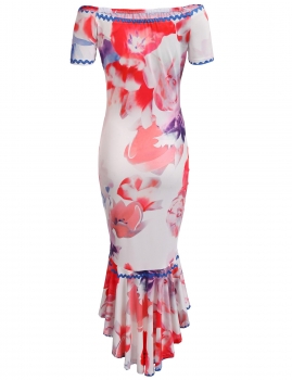

Mono Style Off The Shoulder Print Asymmetric Ruffled Hem Dress, Multicolor