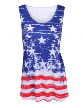 

White American Flag Print Scoop Neck Loose Sleeveless Cotton Tank Top, Multicolor