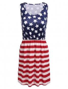

American Flag Scoop Neck Stars And Stripes Print Dress, Multicolor