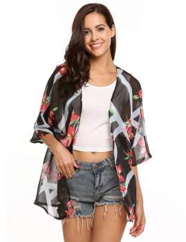 

Multicolor Casual Front Open Loose Floral Chiffon Cardigan