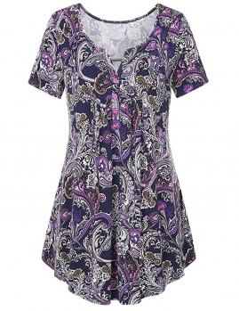 

Purple Vintage Style Print Notch Neck Short Sleeve Loose Tops, Multicolor