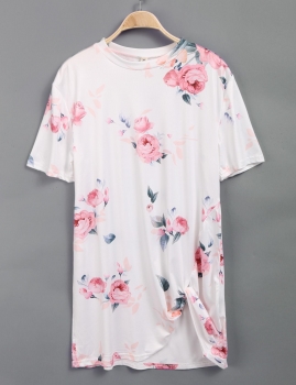 

White Summer O-Neck Short Sleeve Floral Twist Knot Tops, Multicolor