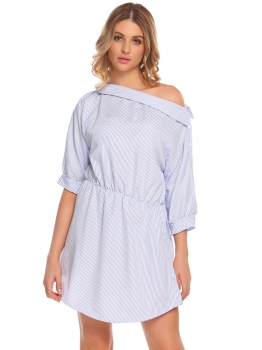 

Blue One Shoulder Half Sleeve Striped Mini Dress, Multicolor