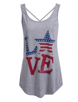 

Grey American Flag Love Shape Letter Print Back Cross O-Neck Tank Top, Multicolor