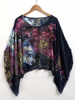 

Blue Floral Batwing Sleeve Asymmetrical Hem Summer Beach Smock, Multicolor