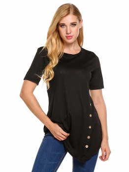 

Black O-Neck Short Sleeve Asymmetrical Solid Casual Tops, Multicolor