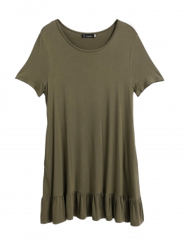 

Army green O Neck Short Sleeve Loose Solid Mini Dress, Multicolor