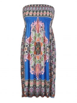 

Blue Printed Off the Shoulder Sleeveless Elastic Boho Dress, Multicolor