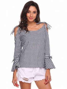 

Blue white Plaid Strap Bow Long Trumpet Sleeve Tops, Multicolor