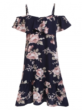 

Dark blue Spaghetti Strap Backless Floral Ruffles Hem Dress, Multicolor