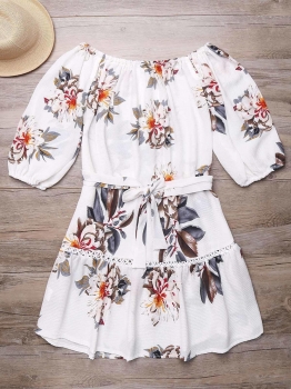 

Half Sleeve Off Shoulder Floral Belted Dress, Multicolor