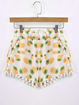 

Pineapple Printed Elastic Waist Pom Pom Trim Shorts, Multicolor