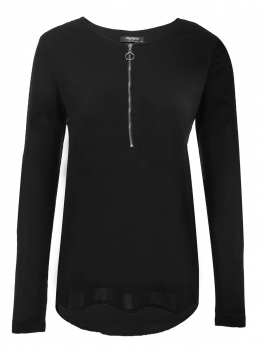 

Black Solid Half Zipper O Neck Long Sleeve Loose Tops, Multicolor