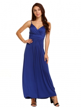 

Blue Ruched Sleeveless Solid Spaghetti Strap Maxi Dress, Multicolor