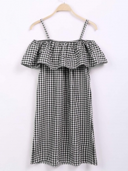 

Black Spaghetti Strap Plaid Ruffles Trim Loose Dress, Multicolor