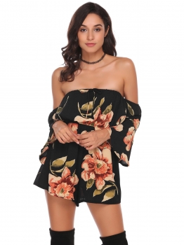 

Black Strapless Trumpet Sleeve High Waist Floral Romper, Multicolor