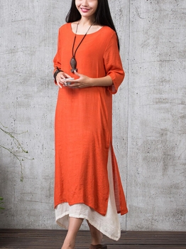 

Orange 3"4 Sleeve Solid Loose Asymmetrical Hem Dress