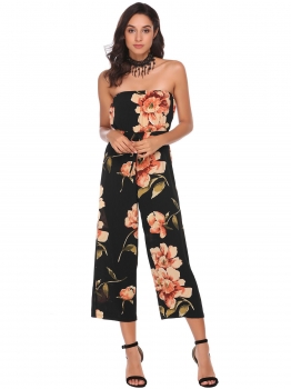 

Black Strapless Sleeveless High Waist Floral Jumpsuit, Multicolor