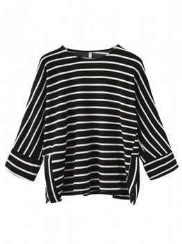 

Black Casual O-Neck 3"4 Raglan Sleeve Striped T-Shirt Top, Multicolor