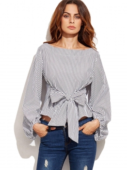 

Black Women Fashion Front Tie Long Sleeve Loose Casual Top, Multicolor