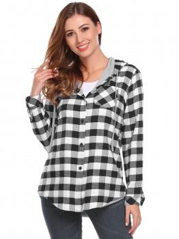 

Grey Women Plaid Long Sleeve Drawstring Hooded Round Hem Top, Multicolor