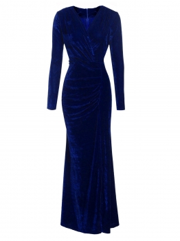 

Blue Women Vintage Style V-Neck Long Sleeve Ruched Side Split Maxi Party Evening Dress, Multicolor