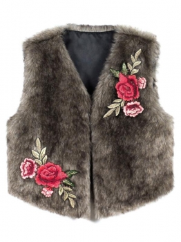 

Brown Women Winter Fashion Sleeveless Floral Embroidery Short Faux Fur Vest, Multicolor