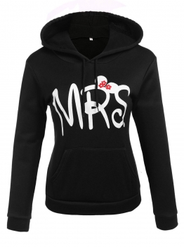 

Black Women Long Sleeve Letter Print Pullover Hoodie, Multicolor