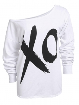 

White One Shoulder Long Sleeve Letter Print T-Shirt Top, Multicolor