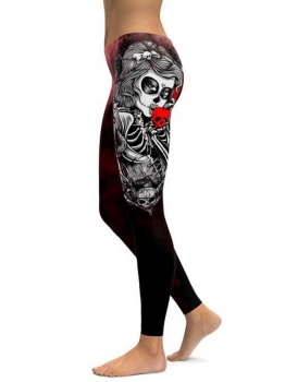 

Black Mid Waist Skull Printing Fitness Gym Yoga Elastic Leggings, Multicolor