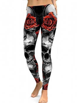 

Black Rose Skull Printing Fitness Gym Yoga Elastic Leggings, Multicolor