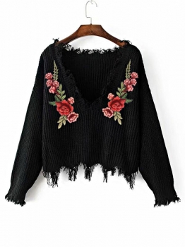 

Black Women Sexy V-Neck Long Sleeve Frayed Floral Embroidered Pullover Sweater, Multicolor