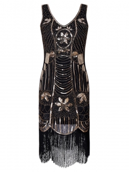 

Black 1920 Vintage Sequin Embellished Fringed Party Dress, Multicolor