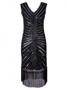 

Black 1920 Vintage Sequin Embellished Fringed Party Dress, Multicolor