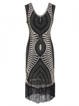 

Gold 1920s V-Neck Sleeveless Sequin Fringed Party Dress, Multicolor
