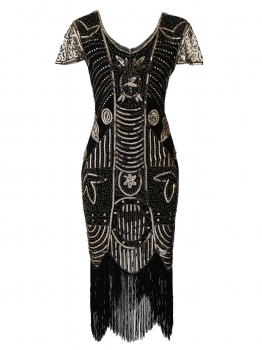 

Gold 1920s V-Neck Sleeveless Sequin Fringed Party Dress, Multicolor