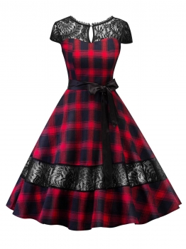 

Red 1950s Keyhole Plaid Lace Patchwork Swing Party Dress, Multicolor