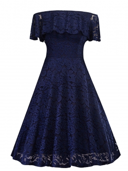 

Blue Vintage 1950s Off Shoulder Short Sleeve Lace Party Dress, Multicolor