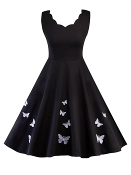 

Black Vintage 1950s Sleeveless Buterfly Embroidery Party Swing Dress, Multicolor