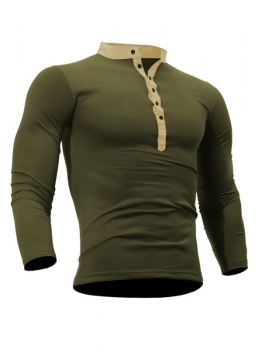 

Army green Men Casual Slim Fit Stand Collar Long Sleeve Contrast Color Patchwork Henley Shirt, Multicolor