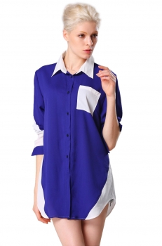 

Blue New Women's Long Sleeve Lapel Collar Contrast Color Top Casual Shirts & Blouses, Multicolor