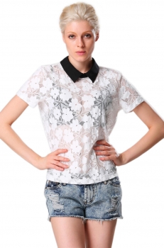 

White Contrast Color Collar Back Hollow-out Short Sleeve Blouse, Multicolor
