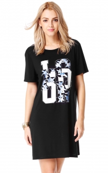 

Finejo Black Stylish Women O-Neck Print Short Sleeve Loose Mini Shirt Casual Dresses, Multicolor