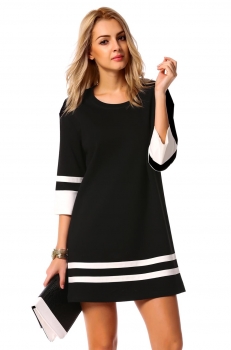 

Black Round Neck 3"4 Sleeve Patchwork Straight Casual Dress, Multicolor