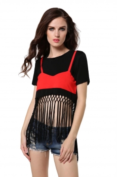 

Black Sexy Ladies Women Fashion Long Fringe Hem Patchwork Slim Short Sleeve Casual T-shirt Tank Crop Tops, Multicolor